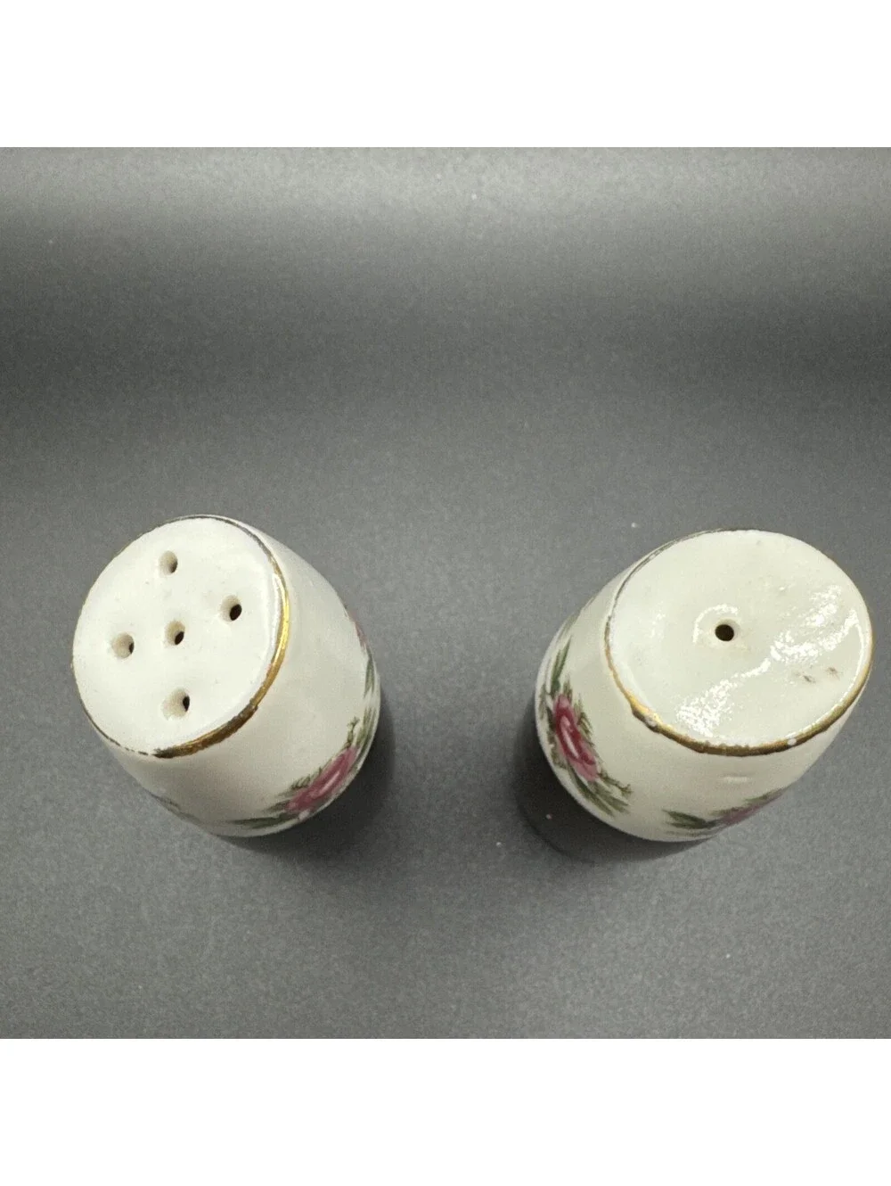 Vtg Nevco Teak Wood Floral Porcelain Salt & Pepper Shakers Mid Century Boho 4